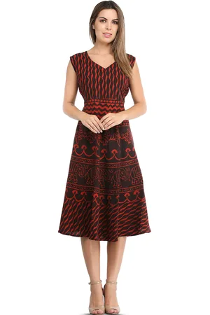 Exotic India Bittersweet Red Block-Printed Elephants Summer Dress with Dori on Back