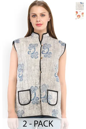 Exotic India Off White and Oatmeal Pure Cotton Reversible Block Printed Flowers Jacket