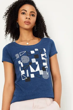 Max Collection Women Blue Printed Round Neck Cotton T-shirt