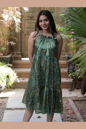 Exotic India Floral Printed Shoulder Straps Sleeveless Vintage Pure Silk Ruffle Dress