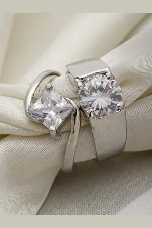Vogue Panash Set Of 2 Silver-Plated AD-Studded Solitaire Handcrafted Couple Finger Rings