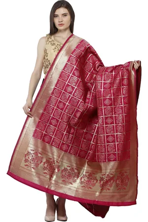 Exotic India Lilac Rose Zari Woven Bandhani Gharchola Silk Dupatta with Brocaded Border