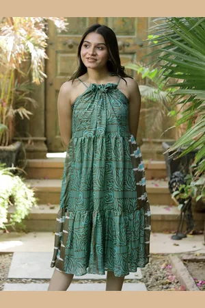 Exotic India Ceramic Assorted Vintage Pure Silk Ruffle Dress