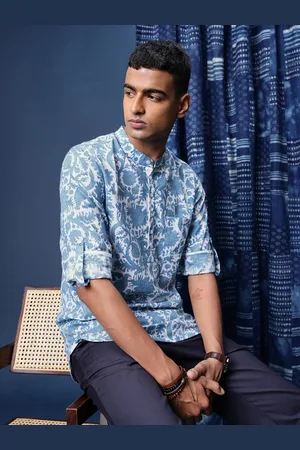 Taavi Ethnic Motifs Block Printed Roll-Up Sleeves Pure Cotton Kurta