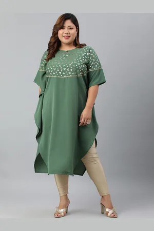 Janasya Women Plus Size Green Poly Crepe Foil Print Kaftan kurta