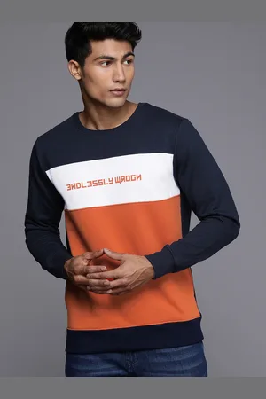 WROGN Men Navy Blue & Orange Slim Fit Colourblocked Sweatshirt