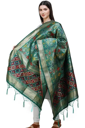 Exotic India Juniper Green Brocade Art Silk Dupatta with Multi-Color Thread Weave