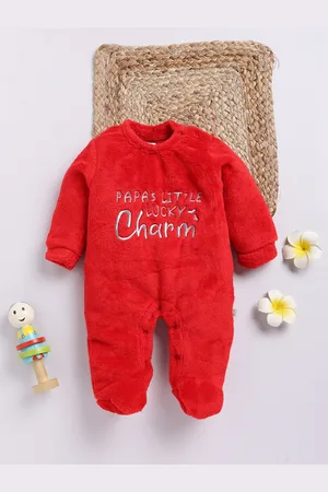 Moms Love Infant Girls Cotton Faux Fur Embroidered Sleepsuit
