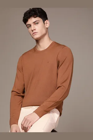 Calvin Klein Men Brown Solid Crew Neck Pullover Sweater