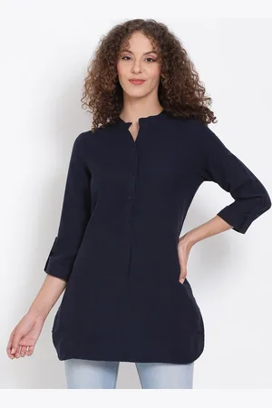Oxolloxo Women Navy Blue Solid Linen Blend Tunic