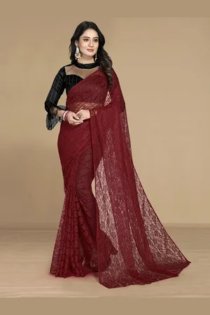 Kalini Women Maroon Floral Net Saree With Unstitched Blouse