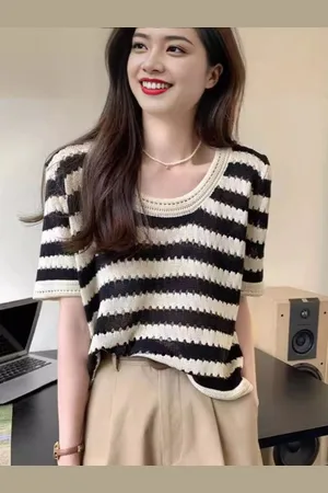 HERE&NOW Women Striped Round Neck Short Sleeves Top