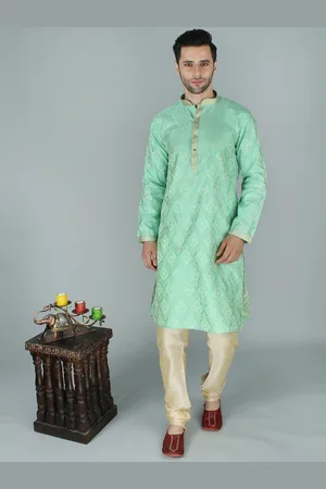 Exotic India Jacquard Modish Big Pattern Green Ethnic Kurta Pajama Set
