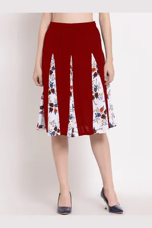PATRORNA Women Maroon & White Printed Flared Skirt With Contrast Pleated Detailing