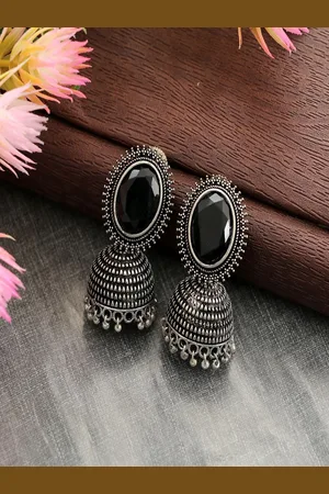 Sangria Silver-Plated Artificial Stones Studded Oxidised Dome Shaped Jhumkas