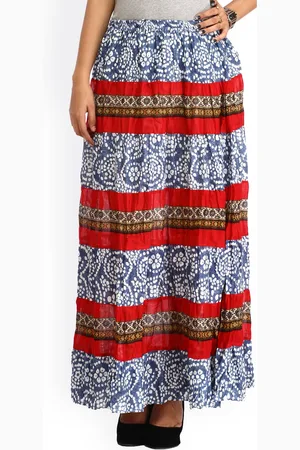Exotic India Blue and Maroon Pure Cotton Elastic Long Skirt with Floral Print