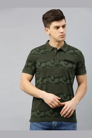 SPYKAR Men Olive Green Camouflge Striped Polo Collar T-shirt
