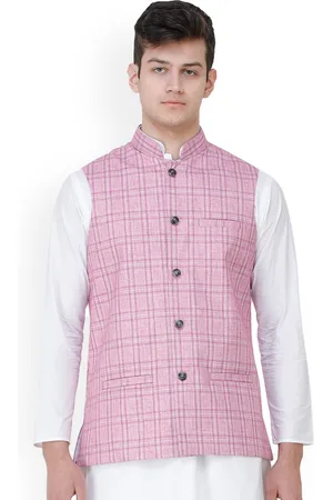 Exotic India Pastel Lavender Double Check Pattern Nehru Jacket with Front Pockets