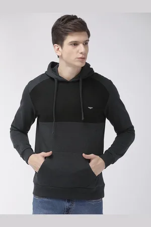 Park Avenue Men Black & Charcoal Grey Colourblocked Hooded Sweatshirt