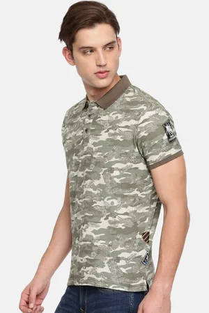 SPYKAR Men Olive Green Printed Polo Collar Pure Cotton T-shirt
