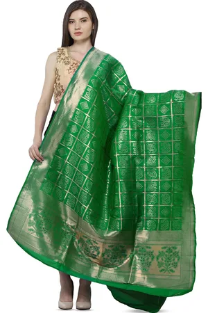 Exotic India Vibrant Green Zari Woven Bandhani Gharchola Silk Dupatta with Brocaded Border