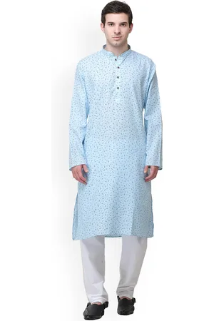 Exotic India Sky Blue Pure Cotton Casual Kurta Pajama Set with Printed Leaves and Bootis
