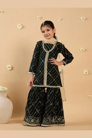 pspeaches Girls Ethnic Motifs Embroidered Angrakha Sequinned Kurta with Sharara & With Dupatta