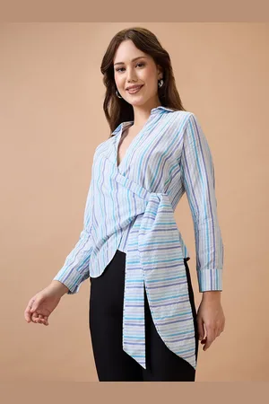 Globus Women Vertical Stripes Cuffed Sleeves Shirt Collar Wrap Waist Tie-Up Workwear Top