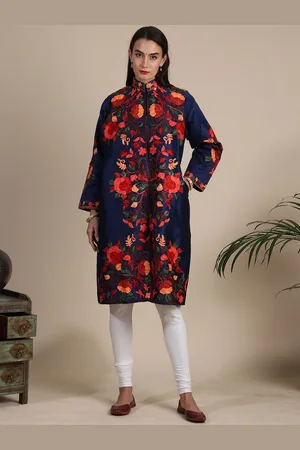 Exotic India Beacon Blue Art Silk Kashmiri Long Jacket with Aari Embroidered Flowers