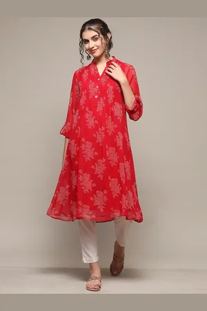 Biba Floral Printed Mandarin Collar Roll-Up Sleeves Pleated A-Line Kurta