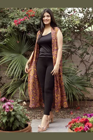 Exotic India Women Vintage Pure Silk Longline Open Front Jacket with Pockets