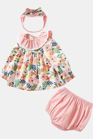 Stylecast Girls Pink Floral Printed Pure Cotton Top With Shorts & Headband