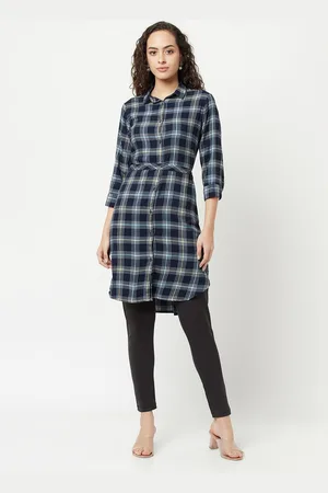 Crimsoune Club Women Navy Blue & White Checked Shirt Tunic