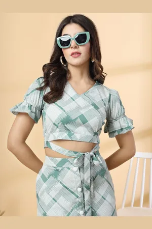 DressBerry Floral Print Puff Sleeve Crepe Wrap Crop Top