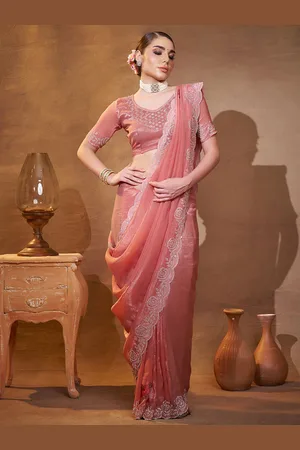 Kalista Floral Beads and Stones Pure Chiffon Saree