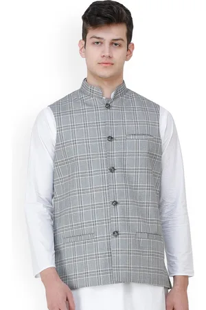 Exotic India Double Check Pattern Polywool Nehru Jacket with Front Pockets