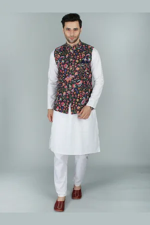 Exotic India Black Chikan Ethnic Nehru Jacket Waist Coat with Multicolor Kani Print