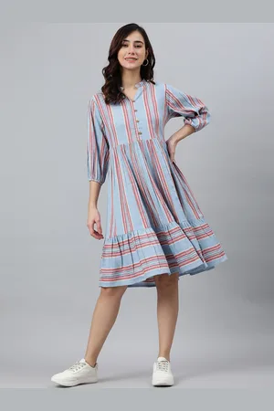 Janasya Women Blue Cotton Blend Striped Flared Dress