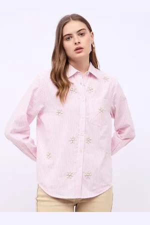 Styli Women Spread Collar Vertical Striped Cotton Casual Shirt