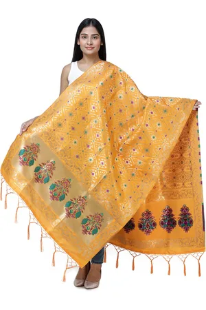 Exotic India Orange Pepper Brocade Art Silk Dupatta with Birds and Geometric Motifs