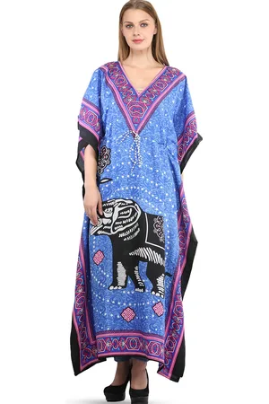 Exotic India V Neck Kimono Sleeves Printed Elephant Kaftan Maxi Dress with Dori at Waist
