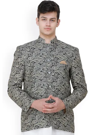 Exotic India Art Silk Caviar Paisleys Printed Black Blazer
