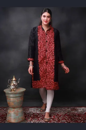 Exotic India Caviar Black Kashmiri Long Jacket with Aari-Embroidered Paisley-Floral Vine