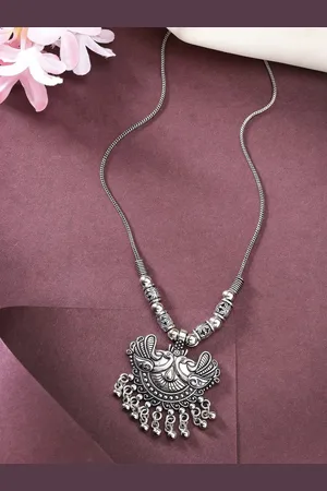 Anouk Women Silver-Toned Peacock Design Pendant with Chain