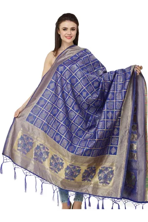 Exotic India Dazzling Blue Zari Woven Bandhani Gharchola Silk Dupatta with Brocaded Border