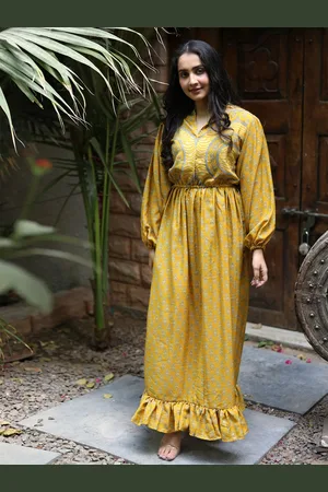 Exotic India Assorted Vintage Pure Silk Spicy Mustard Victorian Date Dress