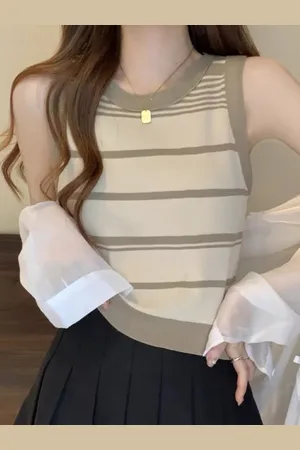 HERE&NOW Striped Round Neck Sleeveless Top