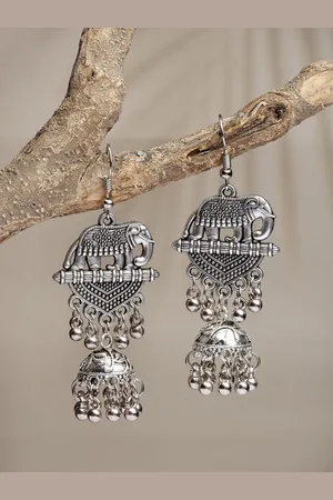 Anouk Women Silver-Toned Elephant Design German Silver Oxidised Dome Shaped Jhumka