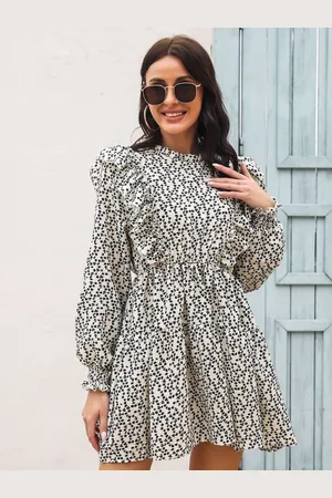 DressBerry Beige Animal Print Puff Sleeve Fit & Flare Dress