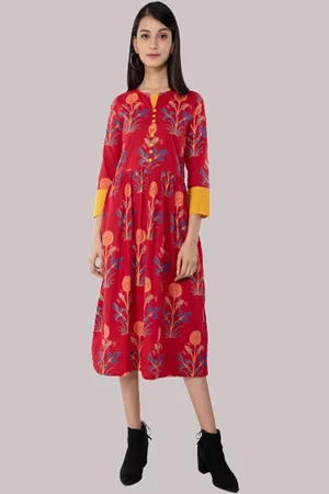 Kalini Women Red & Yellow Ethnic Motifs Printed Floral Cotton A-line Kurta
